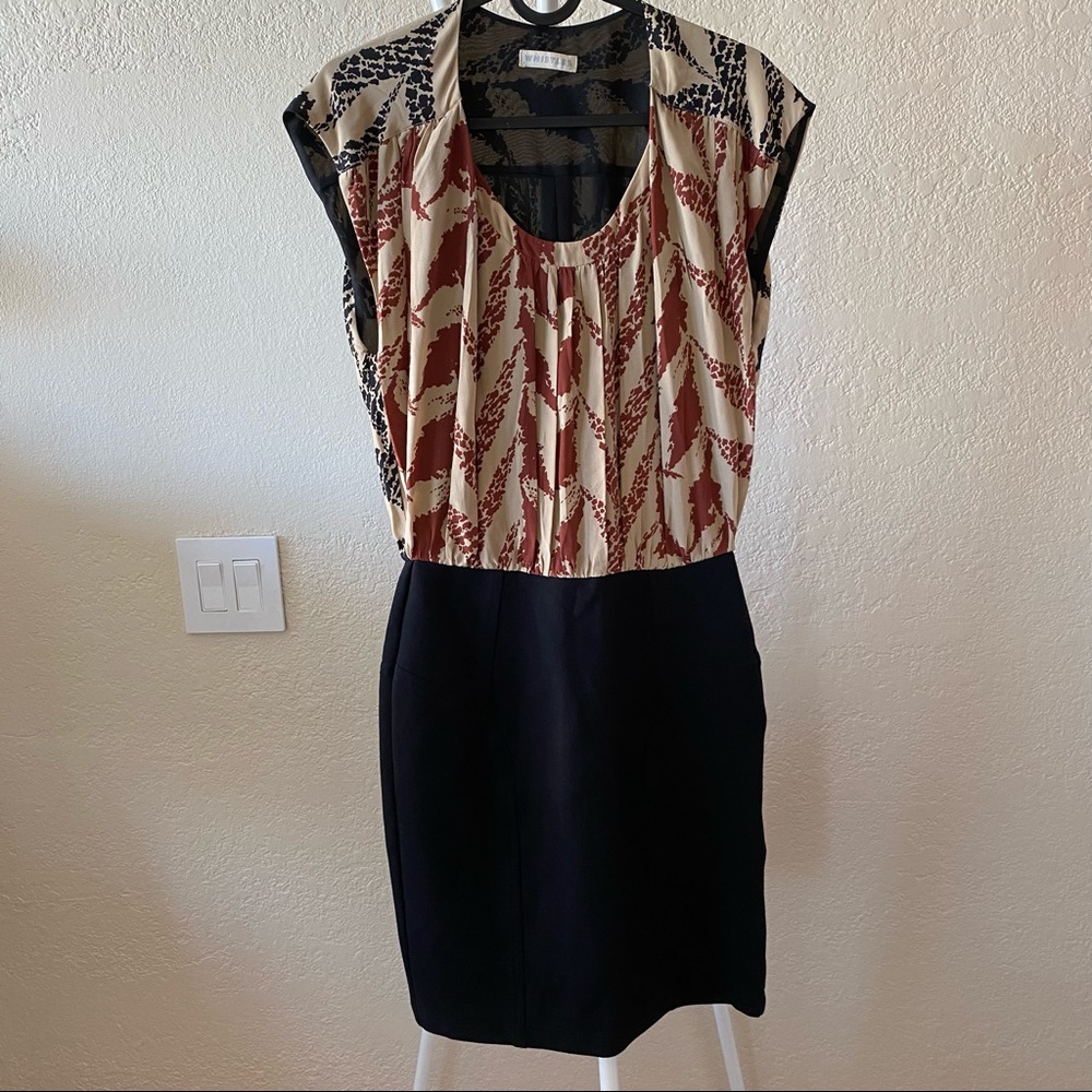 Whistles Silk Print Top Jersey Bodycon Bottom Dress Red Cream Black US4